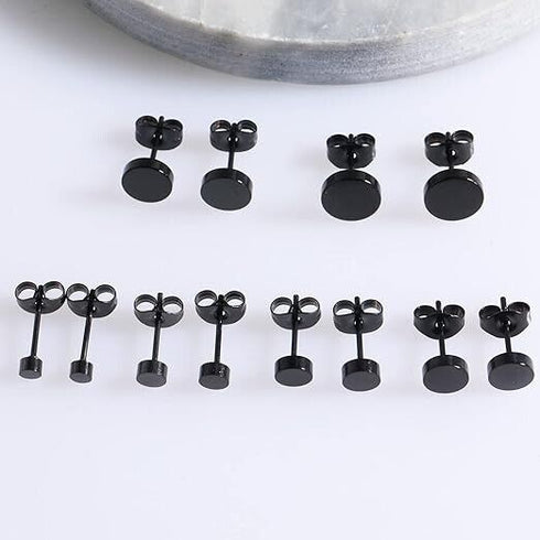 6Pairs 316L Surgical Steel Black Flat Round 3/4/5/6/7/8mm Men Women Stud Earring